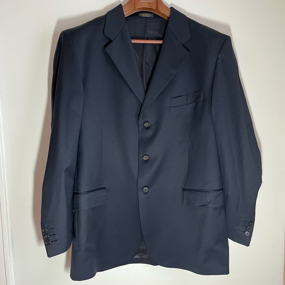 Manzini Uomo Super 120 Wool Single Breasted 3 Button Navy Men's Blazer - Picture 1 of 12